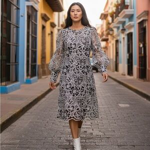 ML MONIQUE LHUILLER | Black & White Lace Formal Blousan Sleeve Midi Dress Sz 10